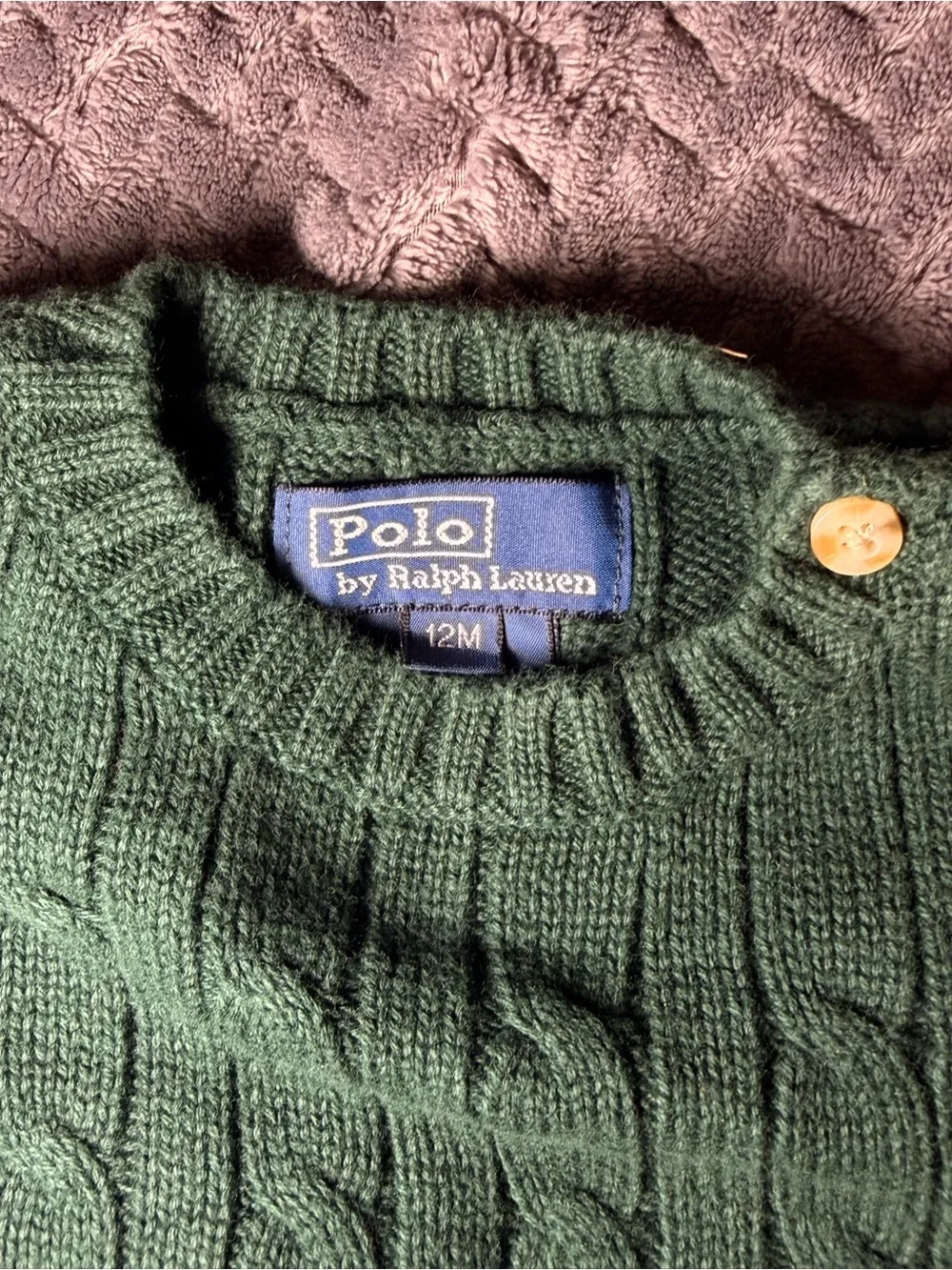Ralph Lauren Dark Green Cable Knit Crew Sweater with Gold Buttons
